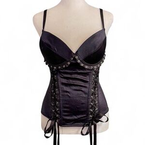 Morbid Threads Black Satin Corset Top 34C Gothic Lace Up Bustier